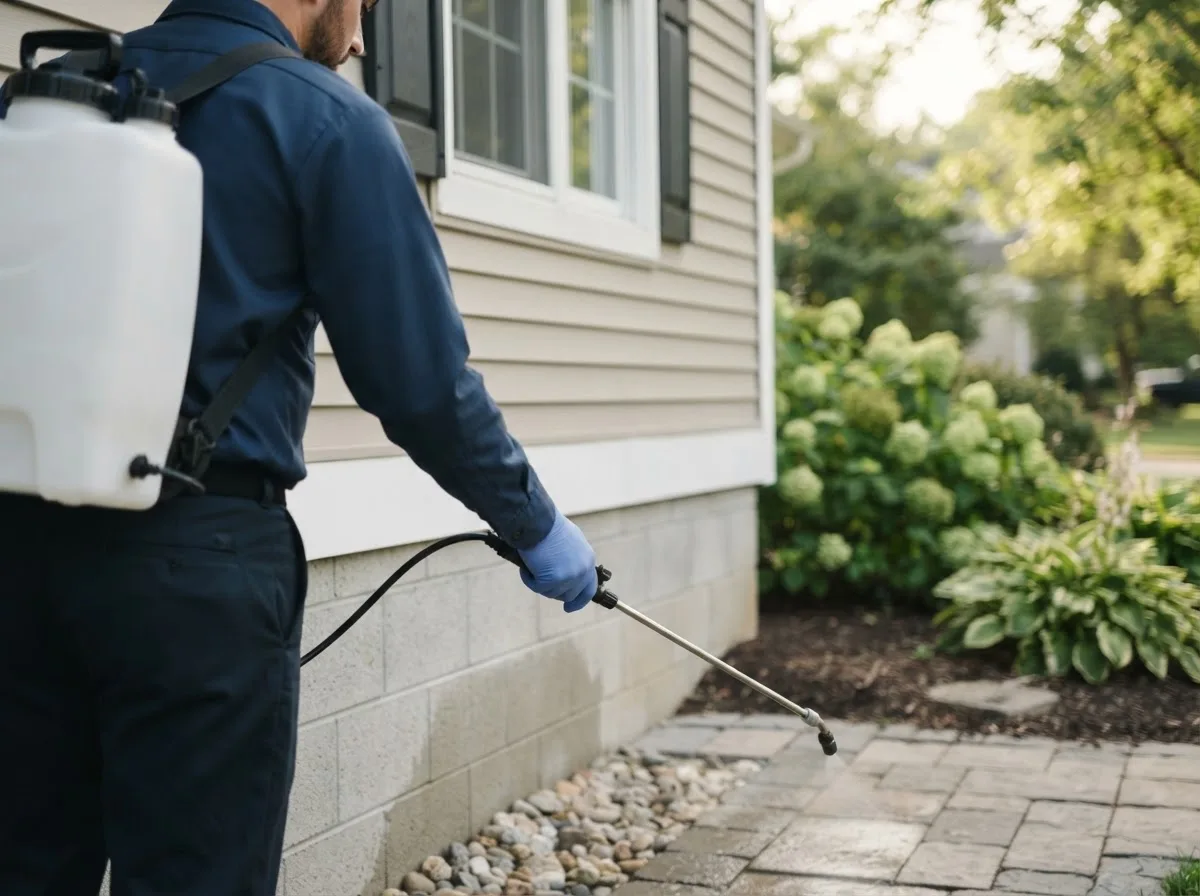 Pest control technician inspecting a home in Beaver, IA